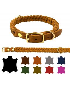 Hundehalsband Fettleder Messing XS - XXXL handgeflochten & verstellbar