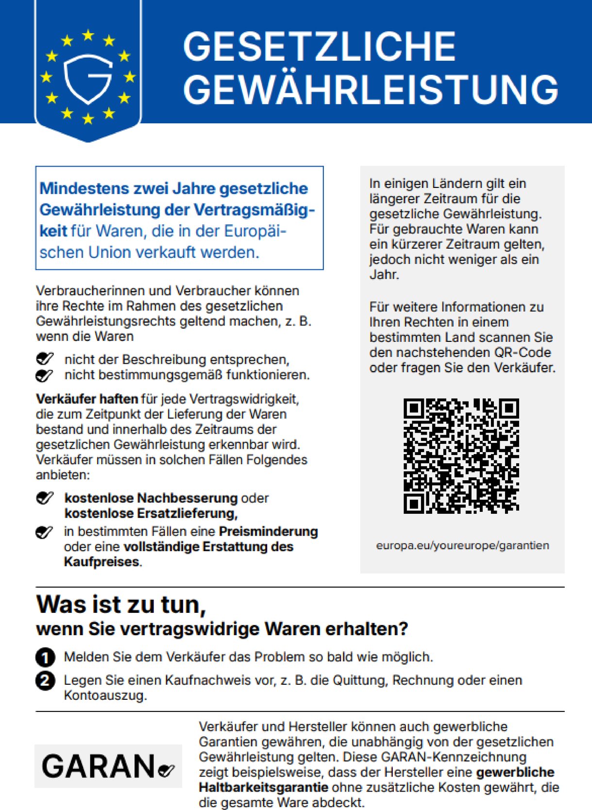 Offizielles EU-Gewährleistungslabel mit Informationen zu gesetzlichen Verbraucherrechten